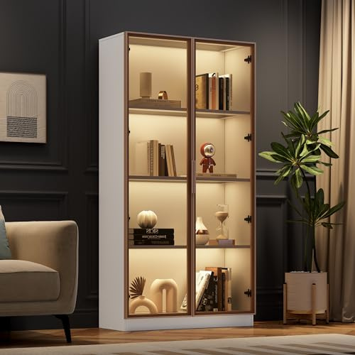 Rtopsu Vetrina Espositiva in Vetro Bianco con Illuminazione a LED a 16 Colori per Collezionismo, Vetrina con 2 Ante e Ripiani Mobili, Libreria Armadio Alto per Soggiorno Camera da Letto, 160x80x40 cm