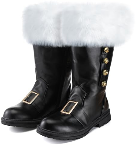 Liitrsh Christmas Santa Claus Boots Men's Wide Calf Santa Combat Boots with White Plush Cuffs Foot Bells Buckle Strap for Halloween Christmas Costume, Black, 10-11