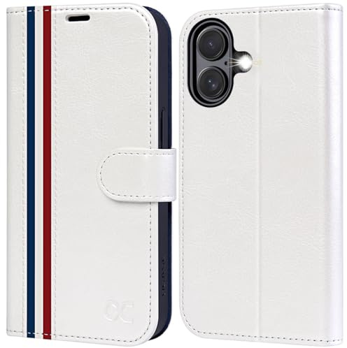 OCASE for iPhone 16 Case, PU Leather Wallet, Magnetic Flip Folio Cover with RFID Blocking, Card Holders, Shockproof TPU, and Kickstand for 6.1 Inch iPhone 16 (2024), Spliced White