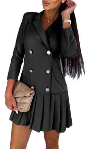 Shownicer Blazer Femme Sexy Manches Longues à Col en V Tailleur Longue Cintré Robe Avec Ceinture Slim Fit Moulante Mini Club De Fête B Noir L
