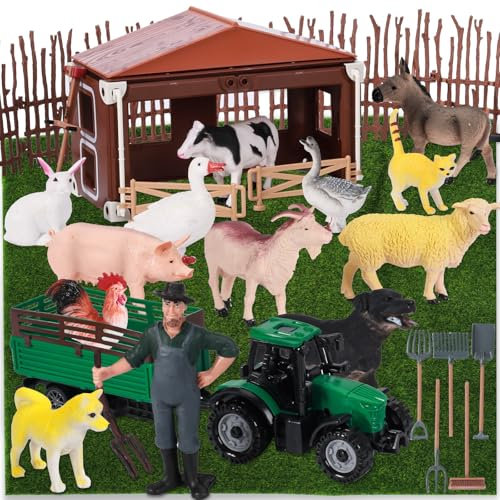 Aragallant Jouets de Ferme, Grandes et Mini Figurines d'animaux réalistes, Figurines de Ferme, Jeu de Ferme avec clôtures, Cadeau pour Enfants
