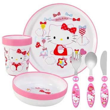 Hello Kitty Kids - Juego de vajilla reutilizable de 6 piezas, plato/cuenco/taza/cuchillo/tenedor/cuchara, vajilla para niños