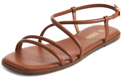 Rihero Strappy Sandals for Women Dressy Flat Sandals Comfortable Slip On Leather Brown Sandals with Back Strap Size 9