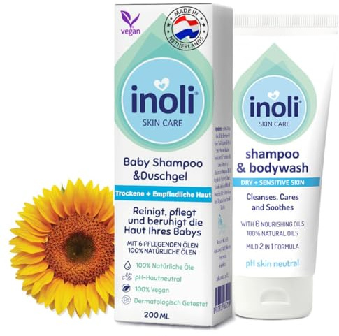 Inoli Champú & Gel de Ducha para Bebés | pH Neutro para la Piel | 2 en 1 para el Baño del Bebé | 6 Aceites Naturales: Soja, Girasol, Camelina, Nuez de Albaricoque, Vitamina E & Provitamina B5 | 200 ml