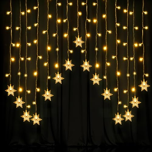 Jsdoin Christmas Curtain Lights, 2m x 1m 104 LEDs Window Lights, 8 Modes Remote Control Timer Fairy Light, Christams Decoration for Indoor Party Bedroom(Snowflakes, Warm White)