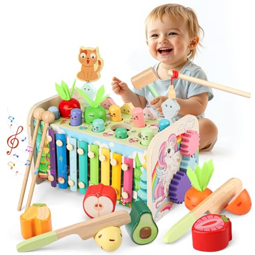 10 in 1 Juguetes Montessori 1 Años, Actividades Bebe Madera Bancos con Martillo Juego de Pesca con Instrumentos Musicales Xilofono, Juego Sensoriales Educativos Niña Niño 2 3 Años Regalo 12+ Meses