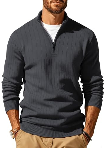 JFAN Hombre Jersey de Punto Cuello Alto con Cremallera Pullover Manga Larga Sueter Cuello Alto Plain Knitted Cálido Invierno Gris Oscuro XXL