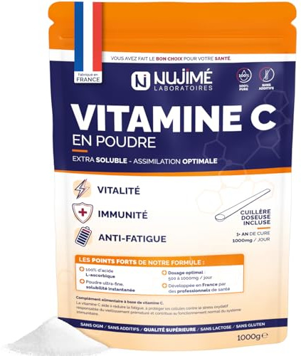 Vitamine C pure en poudre | 1 000mg par dose | Poudre ultra fine, solubilité instantanée | 100% acide L-ascorbique | Immunité, Vitalité, Anti-fatigue | Cuillère doseuse incluse (1KG)