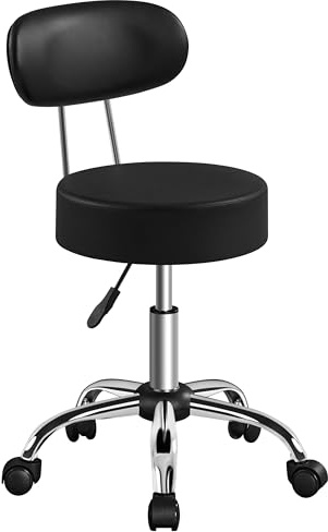 Yaheetech Adjustable Stool on Wheels with 10cm Cushion, Rolling Stool with Back Support, Office Computer Swivel Chair, PU Leather Easy-Clean Surface for Home Office/Salon Silent, Black