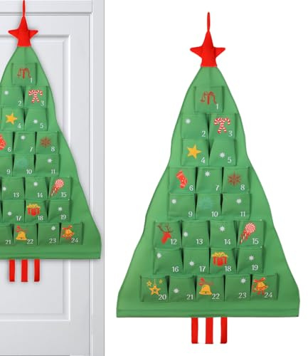 demaxiyad Tessuto dell'Avvento, 24 giorni, sacchetto di immagazzinaggio a forma di albero di Natale, sacchetto calendario dell'Avvento, ricaricabile, per caramelle, snack, piccoli oggetti, soggiorno