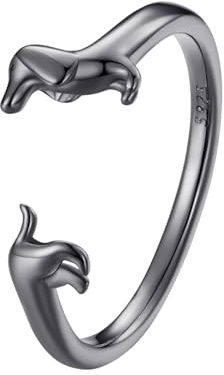 Kerraom Anillo para Mujer Teckel con Baño Negro Dorado，Anillo de Teckel Plata 925 Negro Dorado, Ajustable y Apilable，Regalo para Amantes de los Perros en Navidad o Cumpleaños
