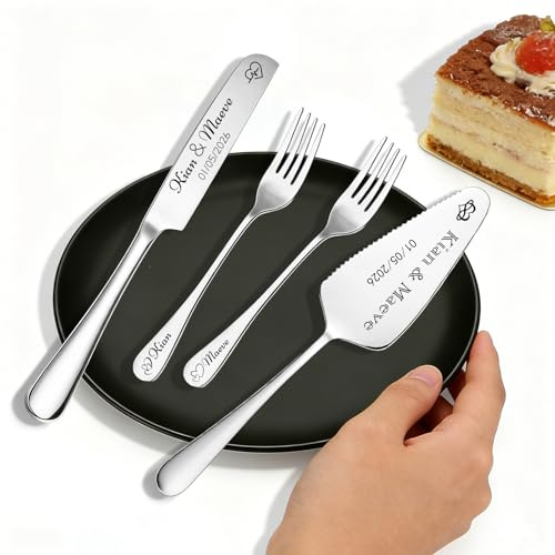 WBW Set de corte personalizado para cortar la tarta de boda，cuchillo y tenedor para tarta con grabado personalizado ideal para aniversarios, recién casados (Juego de 4 piezas de plata)