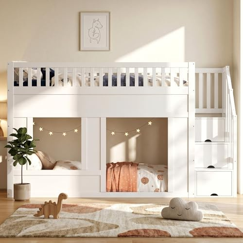 BTM Bunk bed, loft bed, children's bed, wooden bed, house bed 3ft-90x190cm with storage stairs, Convertible Play Area Below, white
