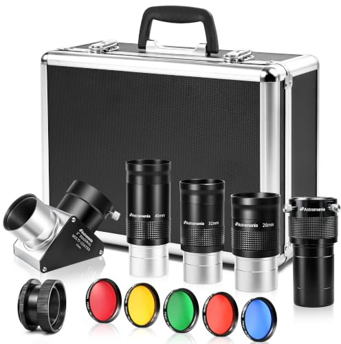 Astromania Telescope Accessory Set 12 Piece, 2 Inch Eyepiece and Filter Accessory Kit, 3pcs Kellner Telescope Eyepieces, 5pcs Colored Filters, Barlow Lens 2X ED, 2 Inch Diagonals & Sturdy Carry Case