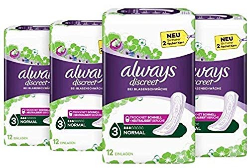 Always Discreet Inkontinenzeinlagen Normal (48 Binden) Gigapack, diskreter Schutz & hohe Saugstärke, geruchsneutralisierend, 4 x 12 Stück