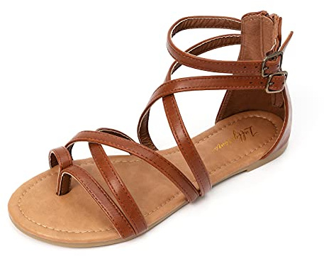 Luffymomo Women's Gladiator Strap Sandals Flat Fisherman Thong Cross Strappy Sandals（9 M US Dk Brown）