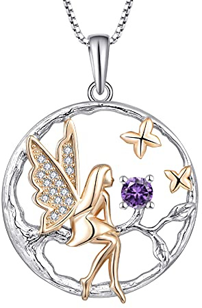 FJ Guardian Angel Necklace 925 Sterling Silver Tree of Life Necklace Fairy Pendant February Birthstone Amethyst Jewellery for Women