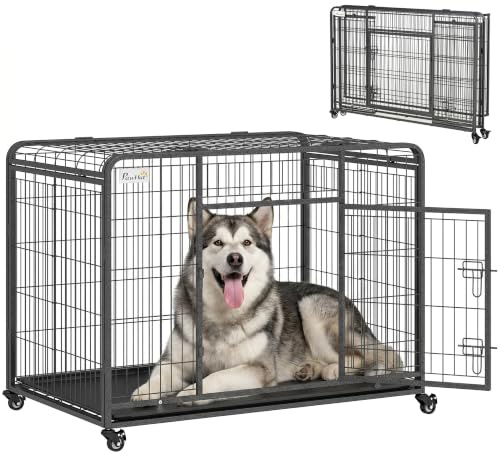 PawHut Kennel Gabbia per Cani Pieghevole con Freno e Fondo Rimovibile - Grigio