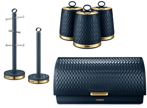 Tower Empire Kitchen Storage Set. Bread Bin, Set of 3 Tea, Coffee, Sugar Canisters, Mug Tree & Towel Pole in Midnight Blue. Contemporary Art Deco Design Set of 6 Kitchen Items
