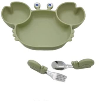 Molinter Assiette de table pour bébé avec ventouse, cuillère, fourchette, bol pour enfants en bas âge, design crabe - En silicone - Assiette pour enfant - Convient pour chaise haute (vert)