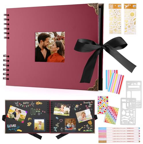 DazSpirit Scrapbook Photo Album, 29.5 X 21 Cm Wedding Guest Book Black Pages, Interchangeable Cover, 240 Photo Capacity With Metal Pens, Stickers & Templates, Personalised Photo Book For Home(RedWine)