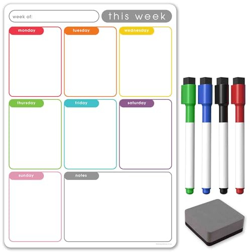 TMS - Agenda settimanale magnetica multicolore, formato A3/A4, lavagna bianca, lista della spesa e pianificatore dei pasti, con 4 penne magnetiche cancellabili a secco e cancellino (colore memo, A3)