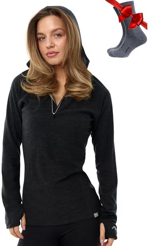 Merino Wool Base Layer Women - Merino Wool Hoodie Half Zip Ligtweight Long Sleeve Shirt (Large, 190 Charcoal Grey)
