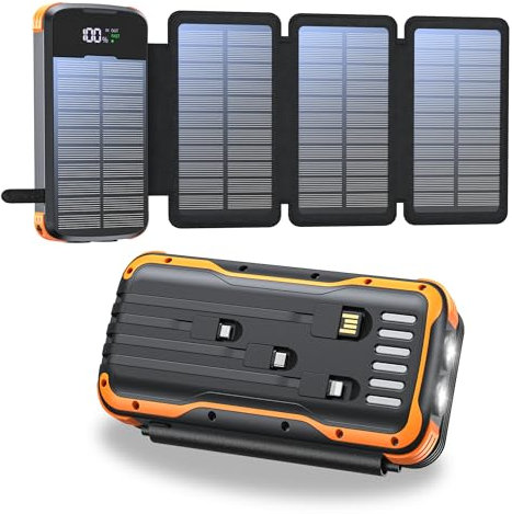 Solaire Power Bank 27000mAh, Chargeur Portable Avec 4 Panneaux Solaire, 4 Câbles, Banque d'Énergie Solaire USB C Avec Batterie Externe et 2 Lumières de Poche LED, Pour Smartphones, Tablettes(Orange)