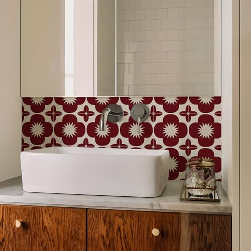 Tile Stickers Red White Peel and Stick Floor Tiles PVC Stick on Bathroom Tiles Waterproof Wall Tile Stickers Kitchen Stick on Tiles Oilproof Stick-on Tiles Self Adhesive 20x20cm/10pcs