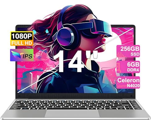 PC Portatile 14 Pollici Computer Portatile Win 11 Laptop 6GB RAM 256GB SSD Estensioni 1TB, Notebook Celeron N4020 (fino a 2.8GHz) 2.4/5G WiFi 1080FHD BT 4.2 USB 3.0 Mini HDMl Tastiera Membrana-Silver