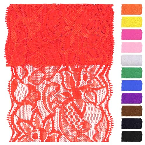 Swpeet Tessuto di pizzo rosso elasticizzato largo 8 cm per 4,57 metri, nastro di pizzo decorativo, nastro elastico da cucito per indumenti, fasce per capelli, creazione di bouquet da sposa e lavoretti