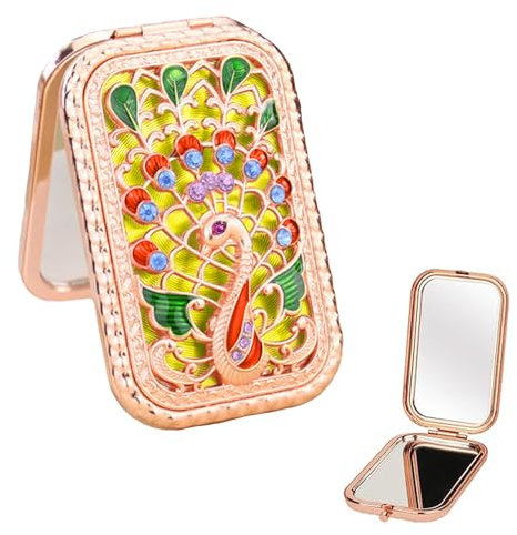 VJK Vintage Faltbarer Make-up-Spiegel, tragbarer Kosmetik-Taschenspiegel, Pfauen-Kosmetikspiegel, Metall, kompakt, klein, zusammenklappbar, Reisespiegel für Frauen und Mädchen