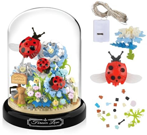 RYAN Kemmbausteine 596 Stück Mini Bausteine Set Pflanzen Bausteine mit Schutzhülle LED Licht Klemmbaustein für Kinder und Erwachsene DIY Blumen Insekten Klemmbausteine (Marienkäferstil)