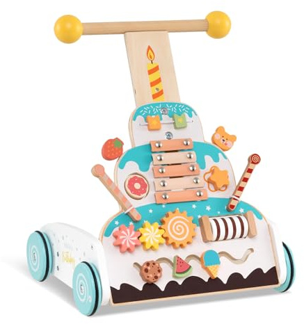 GOPLUS Lauflernwagen Holz, höhenverstellbarer Baby Lauflernhilfe, Baby Walker mit Xylofon & Rutschblöcke, multifunktional Montessori Spielzeug mit Rädern und Stauraum, für Kinder ab 1 Jahr