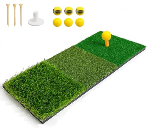 Golf Hitting Mat, 3-in-1 Golf Matt Outdoor Golf Practice Mats Heavy-Duty Foldable with Heavy Non-Slip Base Tri Turf, Ball Tray and Tees 23.6 x 11.8'' (60 x 30cm)