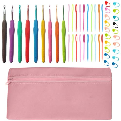 Kit de 50 crochets ergonomiques à prise en main douce - Aiguilles à tricoter de 9 tailles (2 mm-6 mm) avec marqueurs de point - Outil de crochet parfait pour les débutants souffrant d'arthrite