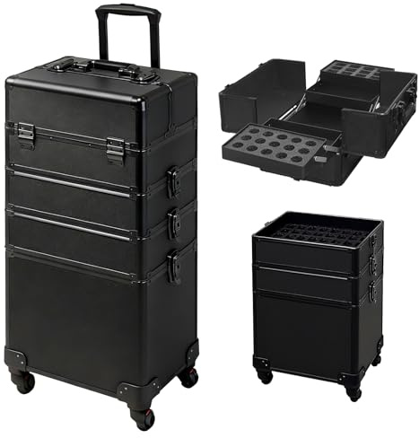 DeerDean 4-in-1 Rolling Makeup Case - Cosmetic Train Trolley with Shock-Absorbing 360° Case on Wheels, Makeup Storage for Nail Cart Beauty Services, Home Studio & Travel (Black, 30Inch)
