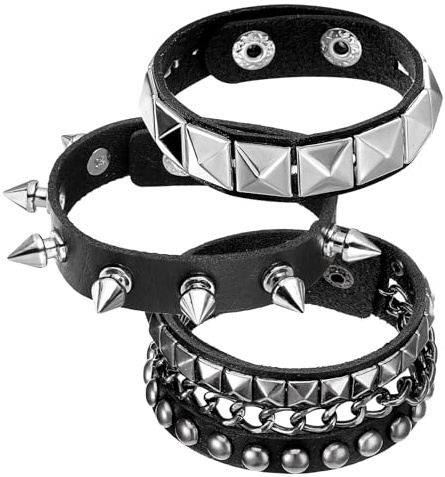 Goth Bracelet Men 3 Piece Spiked Bracelet Set Punk Rock Studded Leather Cuff Bracelets Goth Jewelry Accessories For Cool Rocker Skater Biker Men & Women Adjustable Black Studded Arm Bands Wristband