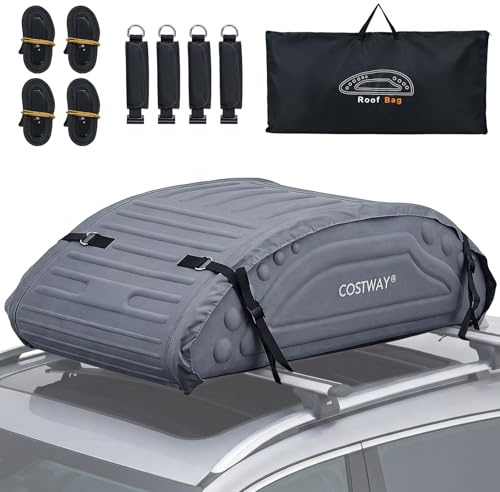 COSTWAY 14 Cubic Feet/400L Car Roof Bag, Waterproof Foldable Roofing Cargo Carrier with 4 Reinforced Straps, Anti-Slip Bottom & Storage Bag, Soft-Shell Rooftop Luggage Storage Box for All Cars (Grey)