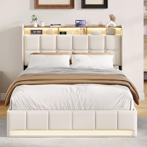 Cama de matrimonio de 140 x 190 cm con contenedor hidráulico, cama de matrimonio acolchada de tela, cabecero con compartimento de almacenamiento, RGB LED, USB y Type-C, somier de láminas (Beige, 140 x