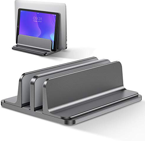 Bewahly Double Support Ordinateur Portable Vertical, Support PC Portable en Aluminium Réglable Bureau Laptop Stand pour MacBook Pro/Air, iPad, Surface, HP, Lenovo, Tablette et Autre Laptops - Gris