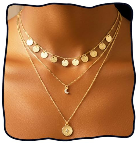 Handcess Boho flerskiktshalsband, guld, måne, lager, halsband, kedja för kvinnor, 1 Count (Pack of 1), paljett, Kristall