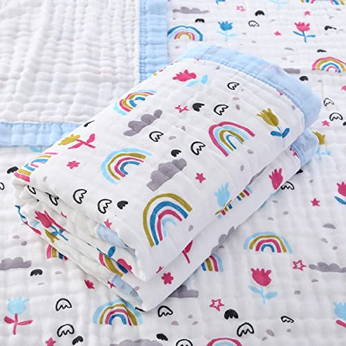 Hivia Musselin Decke 6 Lagig Kuscheldecke Baby Baumwolle 110 x 110 cm Musselin Babydecke Wickeldecke Weiche Decke für Badetuch,Kinderdecke Neugeborene Unisex (Blau Blumen)