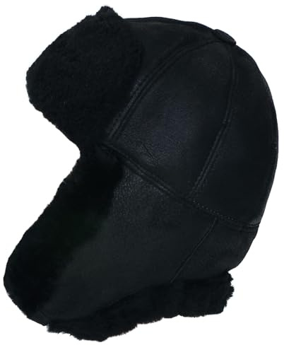 CUCUBA Cappello di Pelle di Montone Shearling Invernale Ushanka Uomo Cappello Pilota Aviatore Sovietico da Neve con Paraorecchie (M)