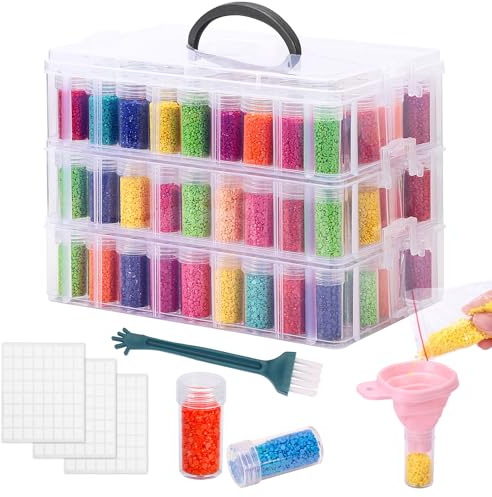 QUEFE 3-Tier Diamond Painting Storage Container, 150 Slots Portable Bead Organizer Box, Stackable Crafts Organizers for DIY Diamond Art Craft Jewelry Bead Storage