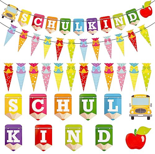 Einschulung Deko - Vaktop 2 Stück Schulanfang Deko mit Zuckertüten Banner, Schuleinführung Deko Bunt, Schulkind Girlande Einschulung für Jungen Mädchen