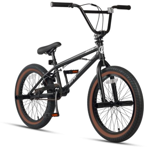 AVASTA Hesper Bicicleta infantil de 20 pulgadas Freestyle BMX con 4 Pegs Bicicletas para niños de 6 a 14 años y principiantes, color negro con neumáticos marrones