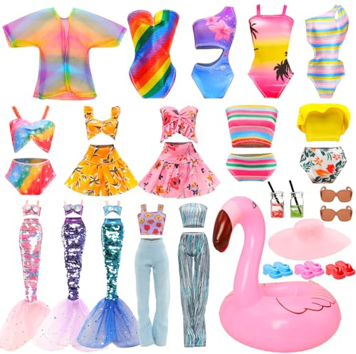 Festfun 17 Pcs Vêtements & Accessoires de Poupées 1 Sirène Maillot de Bain 5 Maillots de Bain 2 Tenues 3 Pantoufles 6 Accessoires pour Poupées de 11,5 Pouces Vêtements de Plage d'été(Non Poupée)