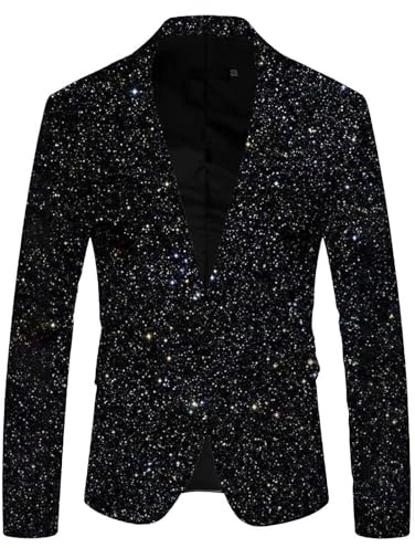 Blazer de lentejuelas para hombre, brillante, corte ajustado, informal, moderna, con un botón, para primavera, otoño, chaqueta, ocio, traje para bodas y negocios, Negro , XL