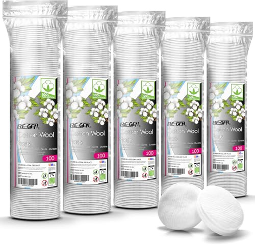 RE-GEN Cotton Wool Pads 500pc (5x 100pc Packs) Round Super Soft Makeup Cosmetics Nail Manicure 100% Pure Natural Cotton Wool Cleansing Discs, Non-Fleecing, Gentle on Sensitive Skin, Re-Sealable Packet